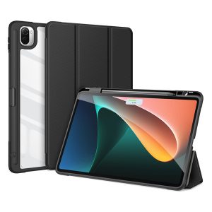 Xiaomi Mi Pad 5 (11.0) / Mi Pad 5 Pro (11.0), mappa tok, Trifold, légpárnás sarok, közepesen ütésálló, Pen tartóval, átlátszó hátlap, Dux Ducis Toby, fekete