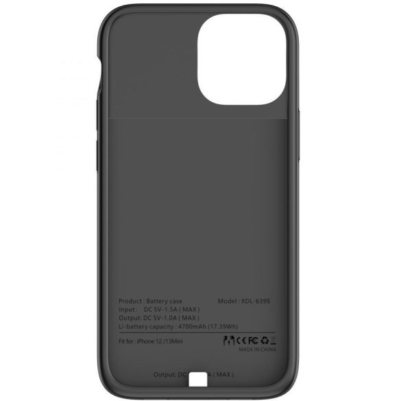 Apple iPhone 12 Mini / 13 Mini, Szilikon tok, műanyag hátlap + Akkumulátor, 4700 mAh, LED-es, Tech-Protect PowerCase, fekete