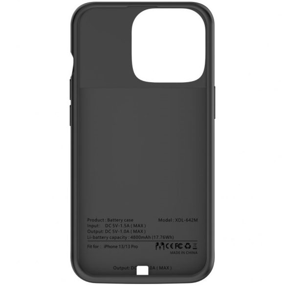 Apple iPhone 13 / 13 Pro, Szilikon tok, műanyag hátlap + Akkumulátor, 4800 mAh, LED-es, Tech-Protect PowerCase, fekete