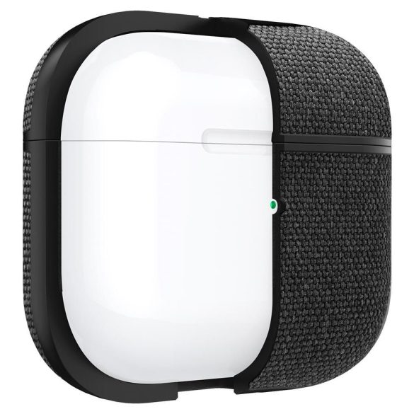 Bluetooth fülhallgató töltőtok tartó, műanyag tok, textil bevonat, vezeték nélküli töltés támogatás, karabiner, Apple AirPods 3 kompatibilis, Spigen Urban Fit, fekete