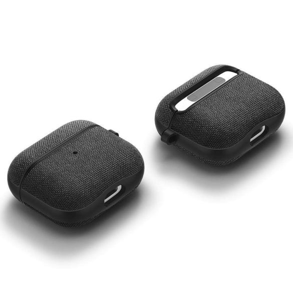 Bluetooth fülhallgató töltőtok tartó, műanyag tok, textil bevonat, vezeték nélküli töltés támogatás, karabiner, Apple AirPods 3 kompatibilis, Spigen Urban Fit, fekete