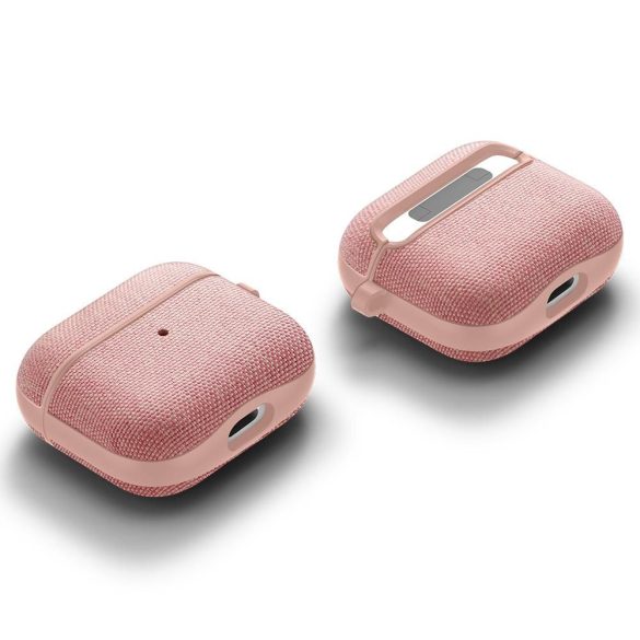 Bluetooth fülhallgató töltőtok tartó, műanyag tok, textil bevonat, vezeték nélküli töltés támogatás, karabiner, Apple AirPods 3 kompatibilis, Spigen Urban Fit, vörösarany