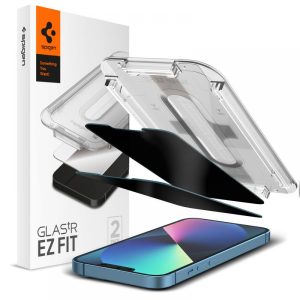 Apple iPhone 13 / 13 Pro / 14, Kijelzővédő fólia, ütésálló fólia (az íves részre is!), Tempered Glass (edzett üveg), Spigen Ez Fit Privacy, Clear, 2 db / csomag