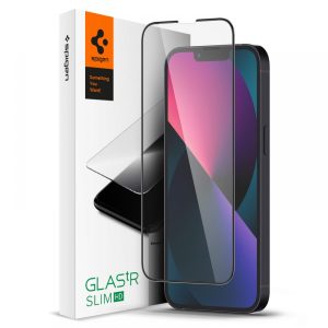 Apple iPhone 13 Pro Max / 14 Plus, Kijelzővédő fólia, ütésálló fólia (az íves részre is!), Tempered Glass (edzett üveg), 3D Full Cover, Spigen Glastr Slim HD Full Cover, fekete