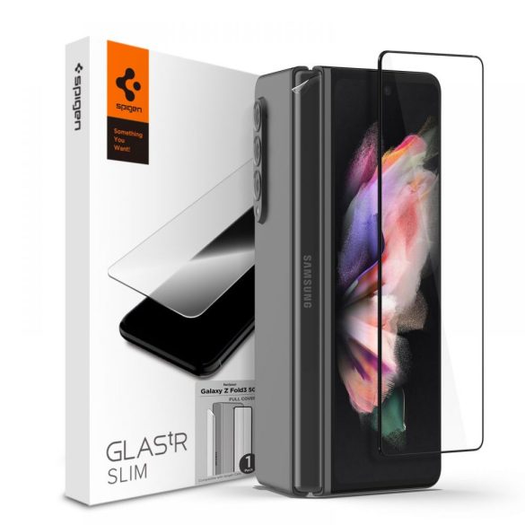 Samsung Galaxy Z Fold3 5G SM-F926B, Kijelzővédő fólia, ütésálló fólia (az íves részre is!), Tempered Glass (edzett üveg), 3D Full Cover, Spigen Glastr Slim Full Cover, fekete