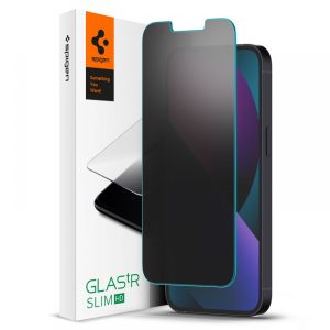 Apple iPhone 13 / 13 Pro / 14, Kijelzővédő fólia, ütésálló fólia (az íves részre is!), Tempered Glass (edzett üveg), Spigen Glastr Slim HD Privacy, Clear