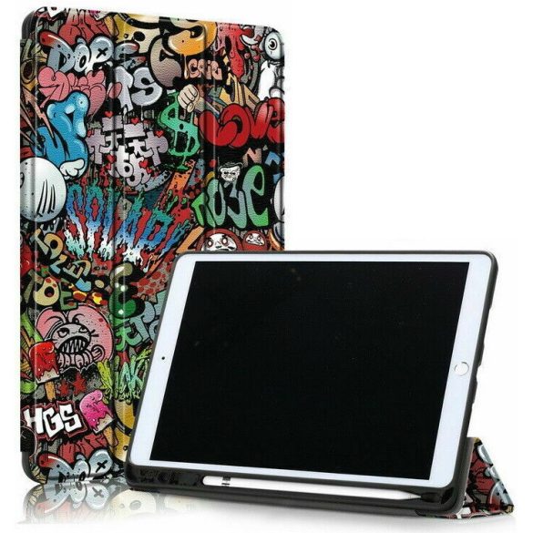 Apple iPad Pro 12.9 (2020), mappa tok, Apple Pencil tartóval, graffiti minta, Smart Case, Wooze New Style Trifold Case, színes