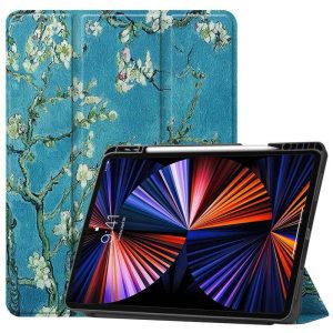 Apple iPad Mini (2021 / 2024) (8.3), mappa tok, Apple Pencil tartóval, virág minta, Smart Case, Wooze New Style Trifold Case, kék/színes