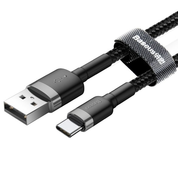USB töltő- és adatkábel, USB Type-C, 200 cm, 2000 mA, törésgátlóval, gyorstöltés, cipőfűző minta, Baseus Cafule CATKLF-CG1, fekete/szürke