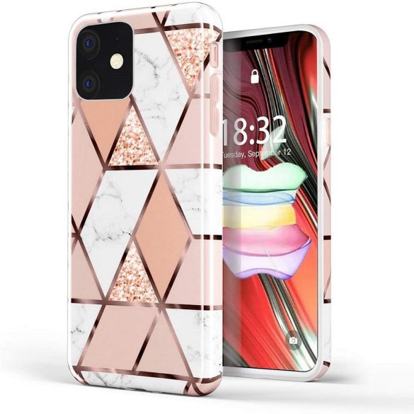 Apple iPhone 13, Szilikon tok, sokszöges márvány minta, Wooze Geometric Marble, színes/rózsaszín