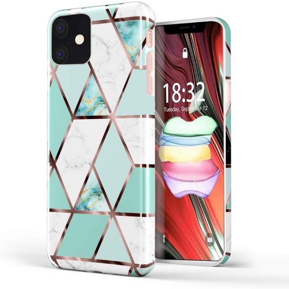 Apple iPhone XR, Szilikon tok, sokszöges márvány minta, Wooze Geometric Marble, színes/zöld