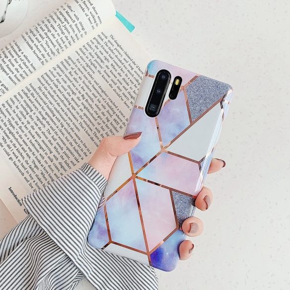 Huawei Mate 20 Lite, Szilikon tok, sokszöges márvány minta, Wooze Geometric Marble, színes/kék