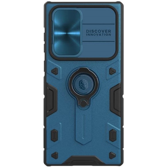 Samsung Galaxy S22 Ultra 5G SM-S908, Műanyag hátlap védőtok, közepesen ütésálló, kamera védelem, telefontartó gyűrű, Nillkin CamShield Armor, kék