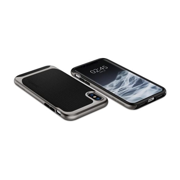 Samsung Galaxy S22 5G SM-S901, Szilikon tok, műanyag kerettel, Spigen Neo Hybrid, halszálka minta, sötétszürke