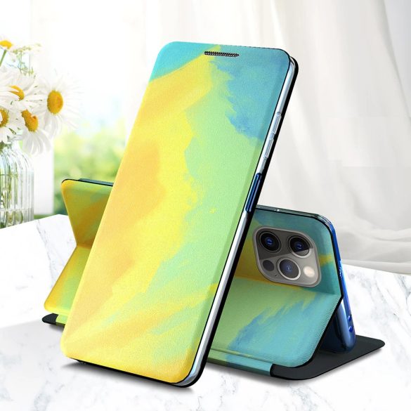 Xiaomi Redmi 9T, Oldalra nyíló tok, stand, festék minta, Wooze Flashy Colors, színes/sárga