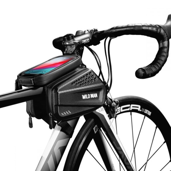 Univerzális, kerékpáros / biciklis tartó, táska, 6.5", vázra szerelhető, több fakkos tároló, vízálló, fülhallgató kimenet, WildMan XXL, fekete
