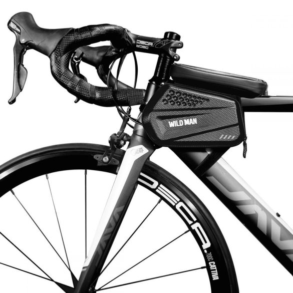Univerzális, kerékpáros / biciklis tartó, táska, 6.5", vázra szerelhető, több fakkos tároló, vízálló, fülhallgató kimenet, WildMan XXL, fekete