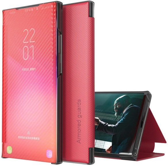 Samsung Galaxy S22 Plus 5G SM-S906, Oldalra nyíló tok, stand, hívás mutatóval, kevlár minta, Wooze Smart View Cover Carbon, piros