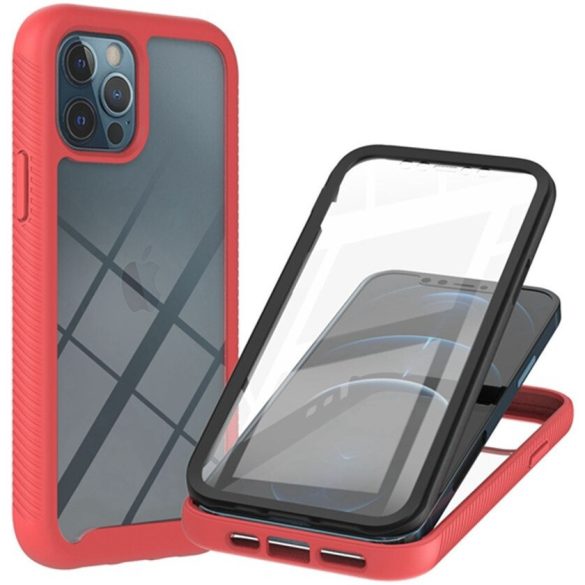 Apple iPhone 12 Mini, Szilikon hátlap és műanyag előlapi tok, elő- és hátlapi üveggel, közepsen ütésálló, Wooze Power Case, fekete/piros