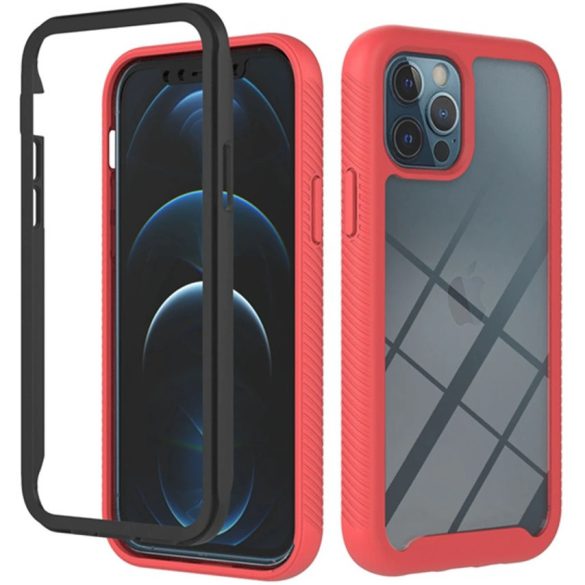 Apple iPhone 12 Pro Max, Szilikon hátlap és műanyag előlapi tok, elő- és hátlapi üveggel, közepsen ütésálló, Wooze Power Case, fekete/piros