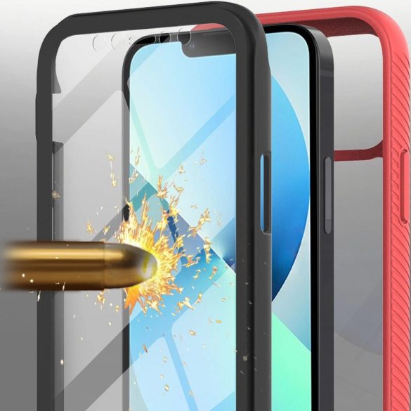 Apple iPhone 13 Pro, Szilikon hátlap és műanyag előlapi tok, elő- és hátlapi üveggel, közepsen ütésálló, Wooze Power Case, fekete/piros
