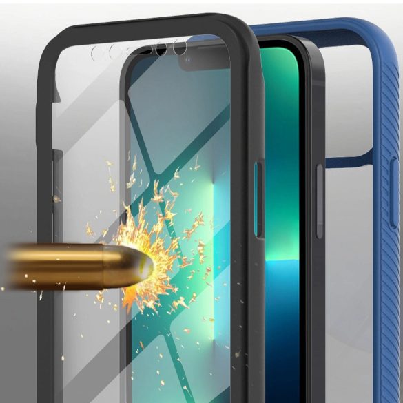 Samsung Galaxy A02 SM-A022F, Szilikon hátlap és műanyag előlapi tok, elő- és hátlapi üveggel, közepsen ütésálló, Wooze Power Case, fekete/kék