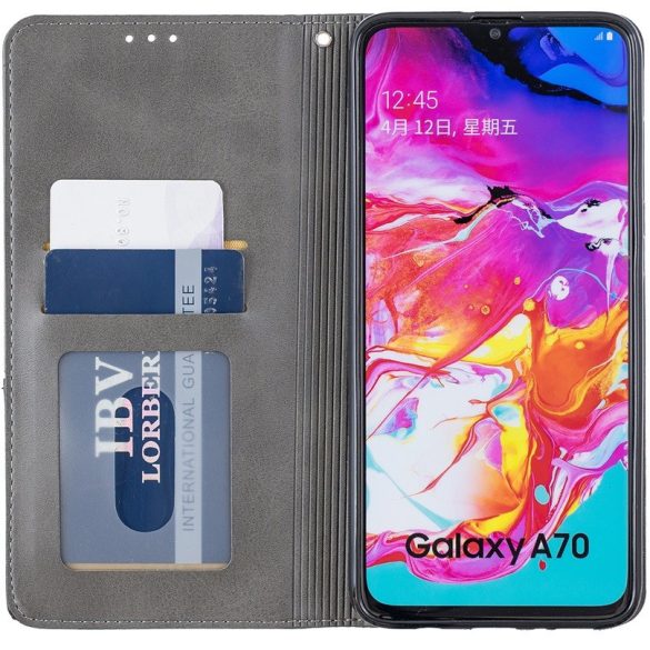 Samsung Galaxy A02 SM-A022F, Oldalra nyíló tok, stand, geometria minta, Wooze DesignBook, szürke