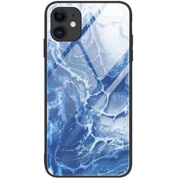 Apple iPhone 13 Pro Max, Szilikon védőkeret, edzett üveg hátlap, márvány minta, Wooze FutureCover, kék