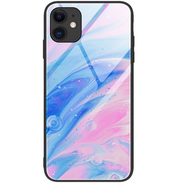 Apple iPhone 12 / 12 Pro, Szilikon védőkeret, edzett üveg hátlap, márvány minta, Wooze FutureCover, rózsaszín/kék