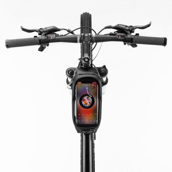 Univerzális, kerékpáros / biciklis tartó, táska, 6.5", vázra szerelhető, vízálló, napellenző, fülhallgató kimenet, RockBros M, fekete