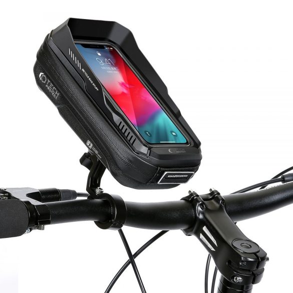 Univerzális, kerékpáros / biciklis tartó, táska, 6.5", kormányra szerelhető, vízálló, 360°-ban forgatható, napellenző, fülhallgató kimenet, TP XT3S Bike, fekete