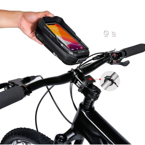 Univerzális, kerékpáros / biciklis tartó, táska, 6.5", kormányra szerelhető, vízálló, napellenző, fülhallgató kimenet, TP XT3 Bike, fekete