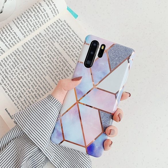 Huawei Honor 10X Lite, Szilikon tok, sokszöges márvány minta, Wooze Geometric Marble, színes/kék