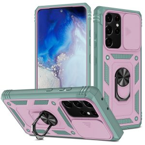 Apple iPhone XS Max, Műanyag hátlap védőtok és előlapi keret, szilikon belső, közepesen ütésálló, kamera védelem, telefontartó gyűrű, Wooze Military Armor, zöld/rózsaszín