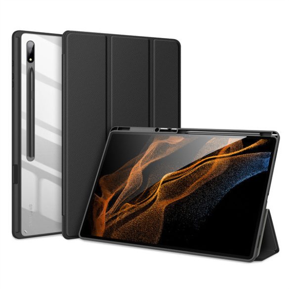 Samsung Galaxy Tab S8 Ultra 14.6 SM-X900 / X906, mappa tok, Trifold, légpárnás sarok, közepesen ütésálló, S-Pen tartóval, átlátszó hátlap, Dux Ducis Toby, fekete