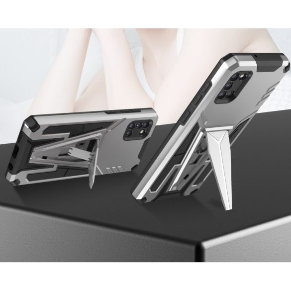 Apple iPhone XS Max, Műanyag hátlap védőtok szilikon belső, közepesen ütésálló, kitámasztóval, Wooze Supportive Care, ezüst