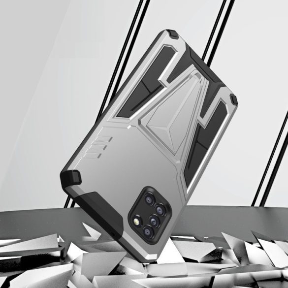 Huawei P30 Lite, Műanyag hátlap védőtok szilikon belső, közepesen ütésálló, kitámasztóval, Wooze Supportive Care, ezüst