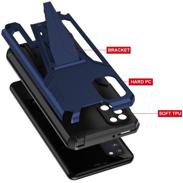 Samsung Galaxy A12 / A12 Nacho / M12 SM-A125F / A127F / M127F, Műanyag hátlap védőtok szilikon belső, közepesen ütésálló, kitámasztóval, Wooze Supportive Care, kék