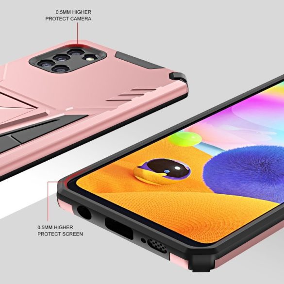 Samsung Galaxy A53 5G SM-A536U, Műanyag hátlap védőtok szilikon belső, közepesen ütésálló, kitámasztóval, Wooze Supportive Care, vörösarany