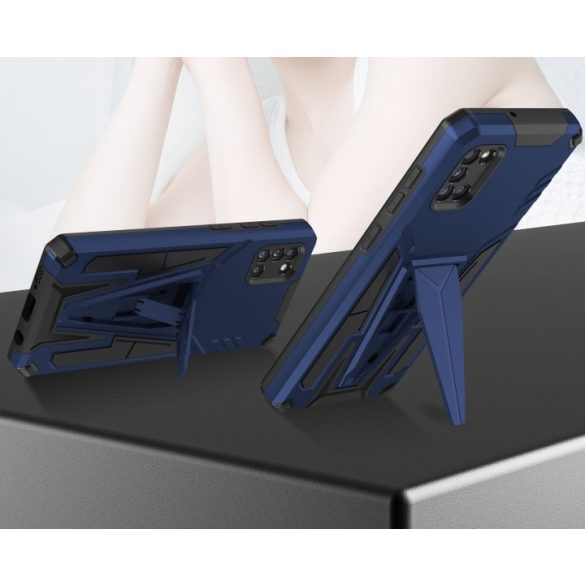 Samsung Galaxy A71 SM-A715F, Műanyag hátlap védőtok szilikon belső, közepesen ütésálló, kitámasztóval, Wooze Supportive Care, kék