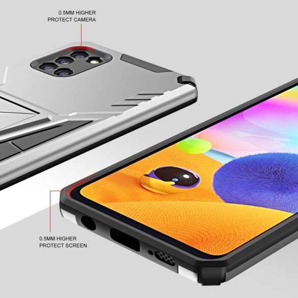 Samsung Galaxy S22 5G SM-S901, Műanyag hátlap védőtok szilikon belső, közepesen ütésálló, kitámasztóval, Wooze Supportive Care, ezüst