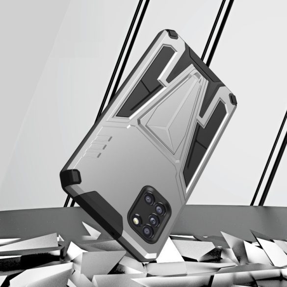 Samsung Galaxy A33 5G SM-A336B, Műanyag hátlap védőtok szilikon belső, közepesen ütésálló, kitámasztóval, Wooze Supportive Care, ezüst