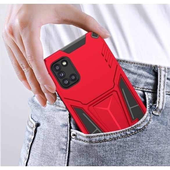Motorola Moto E7 Power / E7i Power, Műanyag hátlap védőtok szilikon belső, közepesen ütésálló, kitámasztóval, Wooze Supportive Care, piros
