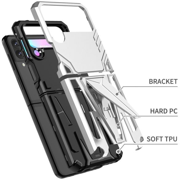Samsung Galaxy Z Flip3 5G SM-F711B, Műanyag hátlap védőtok szilikon belső, közepesen ütésálló, kitámasztóval, Wooze Supportive Care, ezüst
