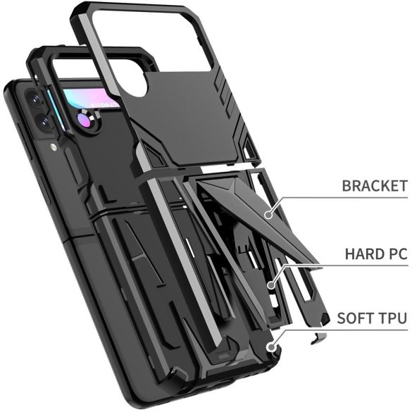Samsung Galaxy Z Flip3 5G SM-F711B, Műanyag hátlap védőtok szilikon belső, közepesen ütésálló, kitámasztóval, Wooze Supportive Care, fekete
