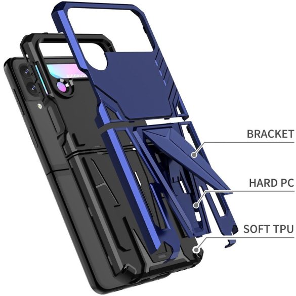 Samsung Galaxy Z Flip3 5G SM-F711B, Műanyag hátlap védőtok szilikon belső, közepesen ütésálló, kitámasztóval, Wooze Supportive Care, kék