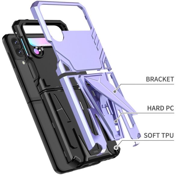 Samsung Galaxy Z Flip3 5G SM-F711B, Műanyag hátlap védőtok szilikon belső, közepesen ütésálló, kitámasztóval, Wooze Supportive Care, lila