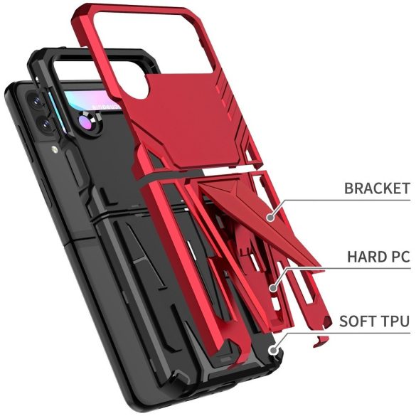 Samsung Galaxy Z Flip3 5G SM-F711B, Műanyag hátlap védőtok szilikon belső, közepesen ütésálló, kitámasztóval, Wooze Supportive Care, piros