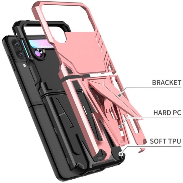 Samsung Galaxy Z Flip3 5G SM-F711B, Műanyag hátlap védőtok szilikon belső, közepesen ütésálló, kitámasztóval, Wooze Supportive Care, vörösarany