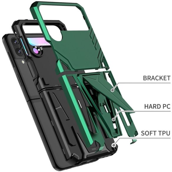 Samsung Galaxy Z Flip3 5G SM-F711B, Műanyag hátlap védőtok szilikon belső, közepesen ütésálló, kitámasztóval, Wooze Supportive Care, zöld